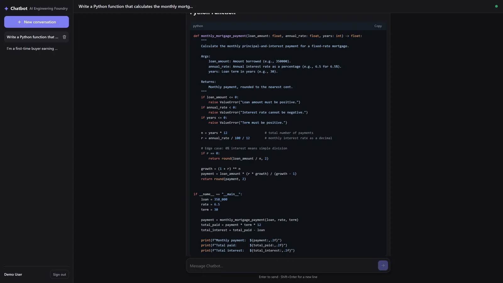 A Python monthly_mortgage_payment function in a highlighted code block with a python label and a Copy button, written in reply to a mortgage calculator request