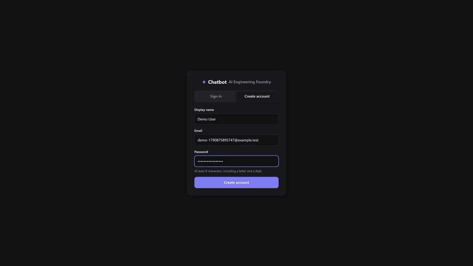 The Create account form: display name, email and password fields with the hint 'At least 8 characters, including a letter and a digit'