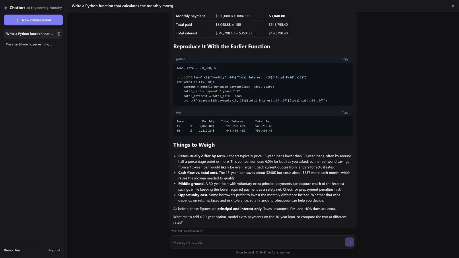 A follow-up answer comparing 15-year and 30-year mortgages on $350,000 at 6.5%: a payment table, code reusing the earlier Python function, its output, and a Things to Weigh list