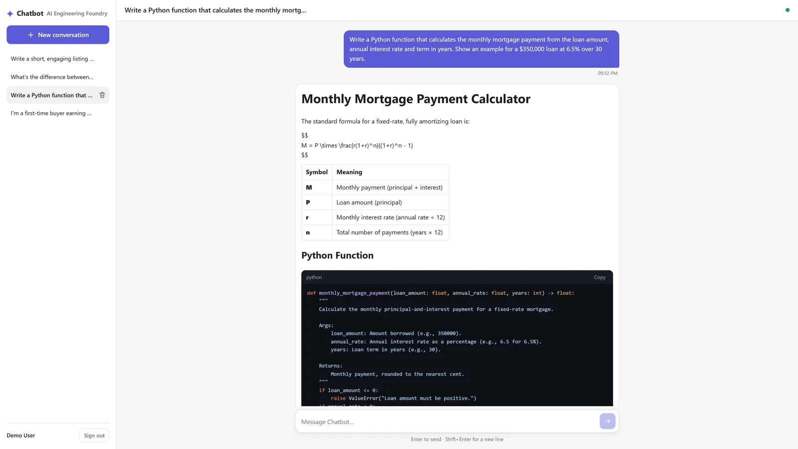 The chat in light theme: a Monthly Mortgage Payment Calculator answer with the amortization formula, a symbol table and the start of a Python function