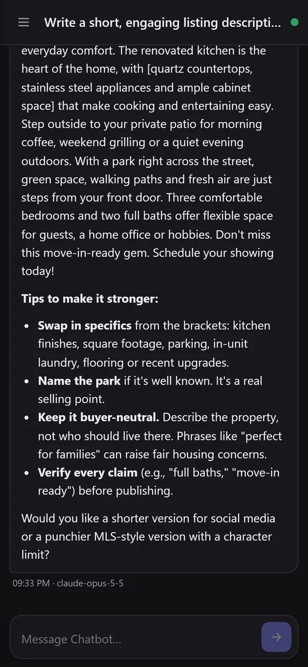 The listing description answer on a phone-width screen, with a menu button and the conversation title in the header