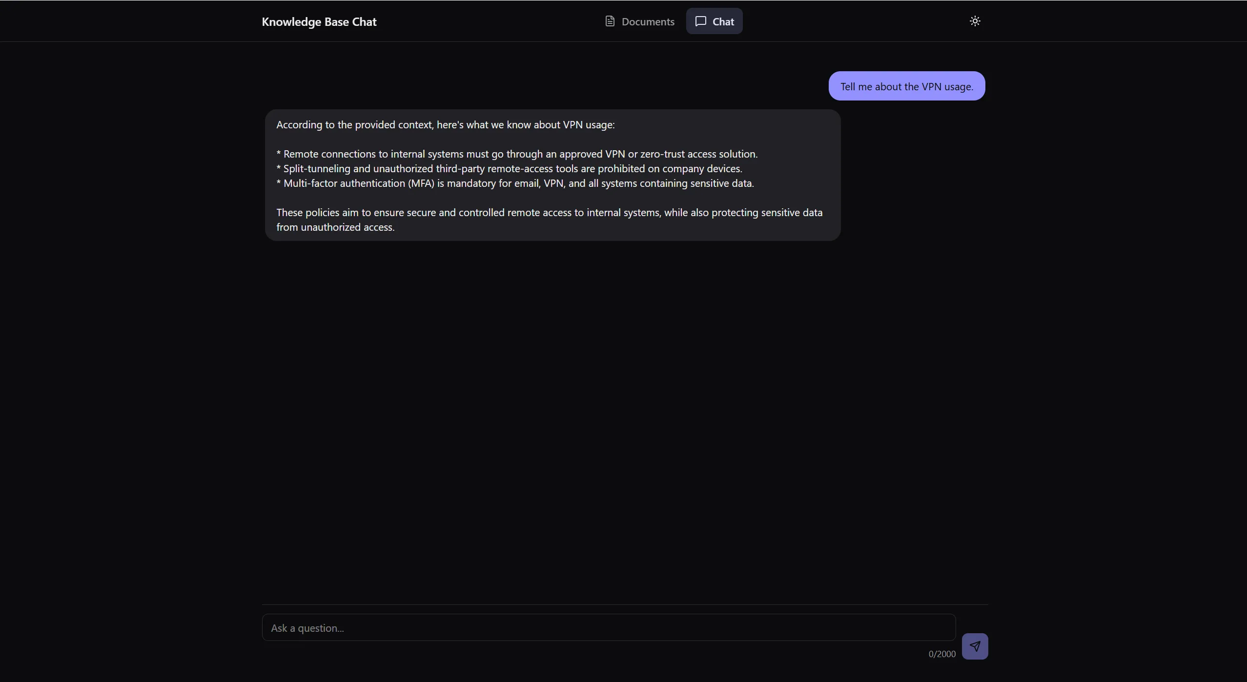 The Chat page in dark mode: 'Tell me about the VPN usage.' answered with three points on approved VPN or zero-trust access, the ban on split-tunneling, and mandatory MFA