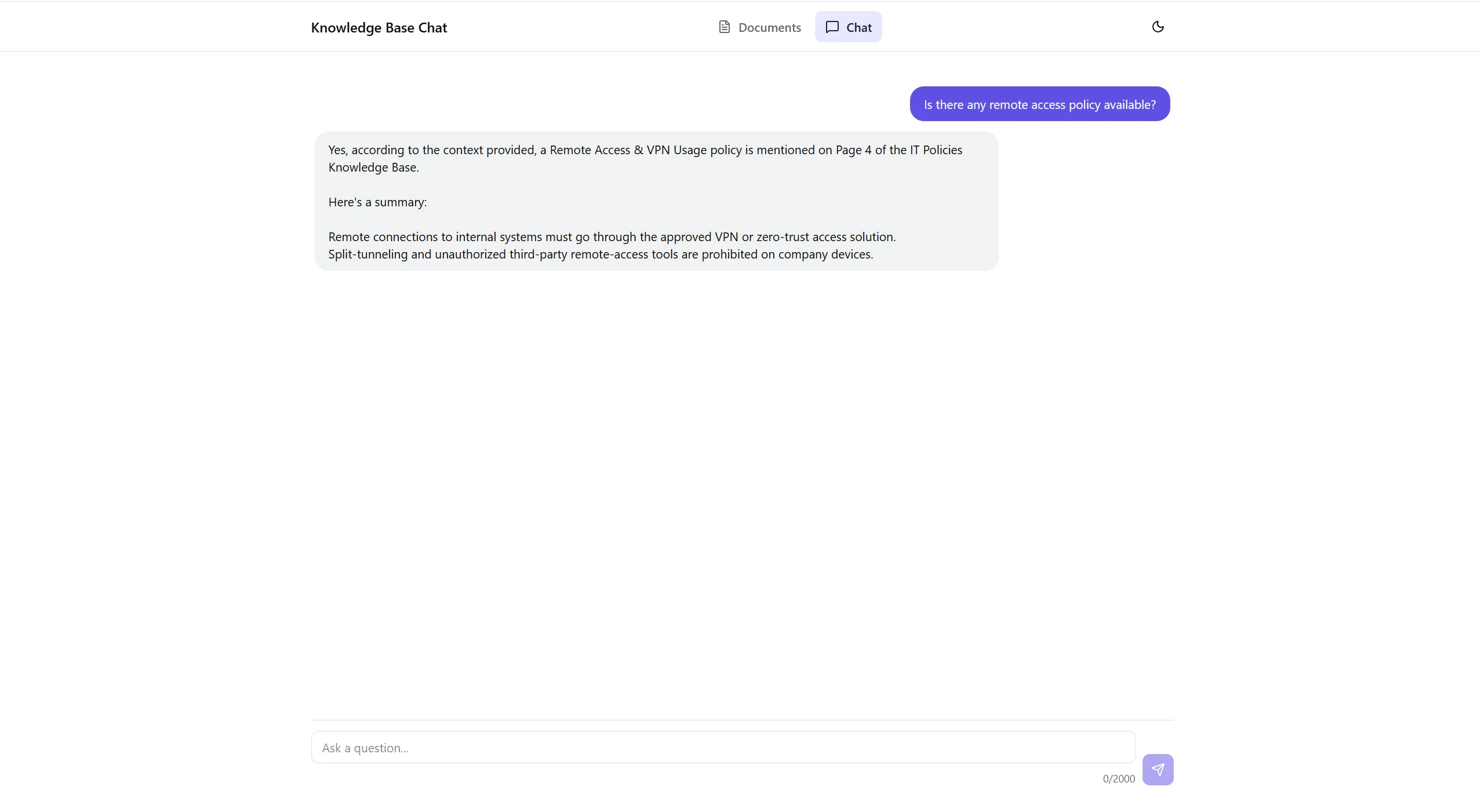The Chat page: the question 'Is there any remote access policy available?' answered with a summary of the Remote Access and VPN Usage policy from page 4 of the IT Policies Knowledge Base