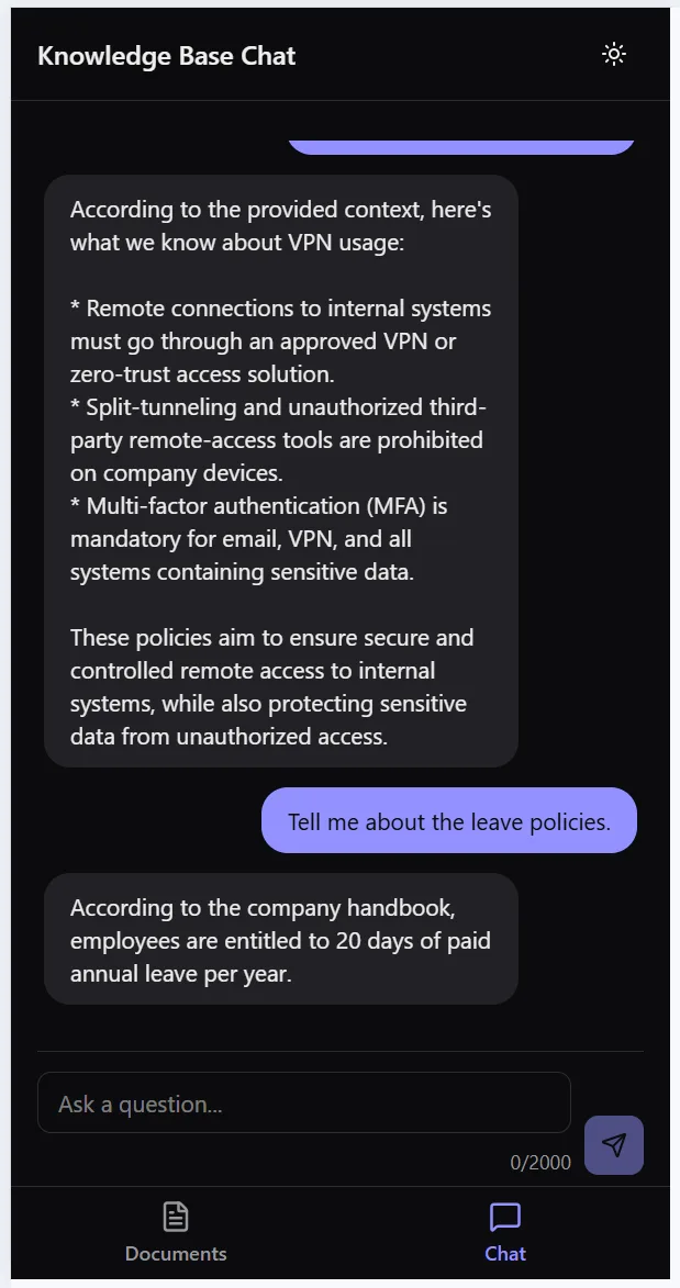 The chat on a phone-width screen: the VPN answer, then 'Tell me about the leave policies.' answered with 20 days of paid annual leave per year, and a bottom tab bar for Documents and Chat