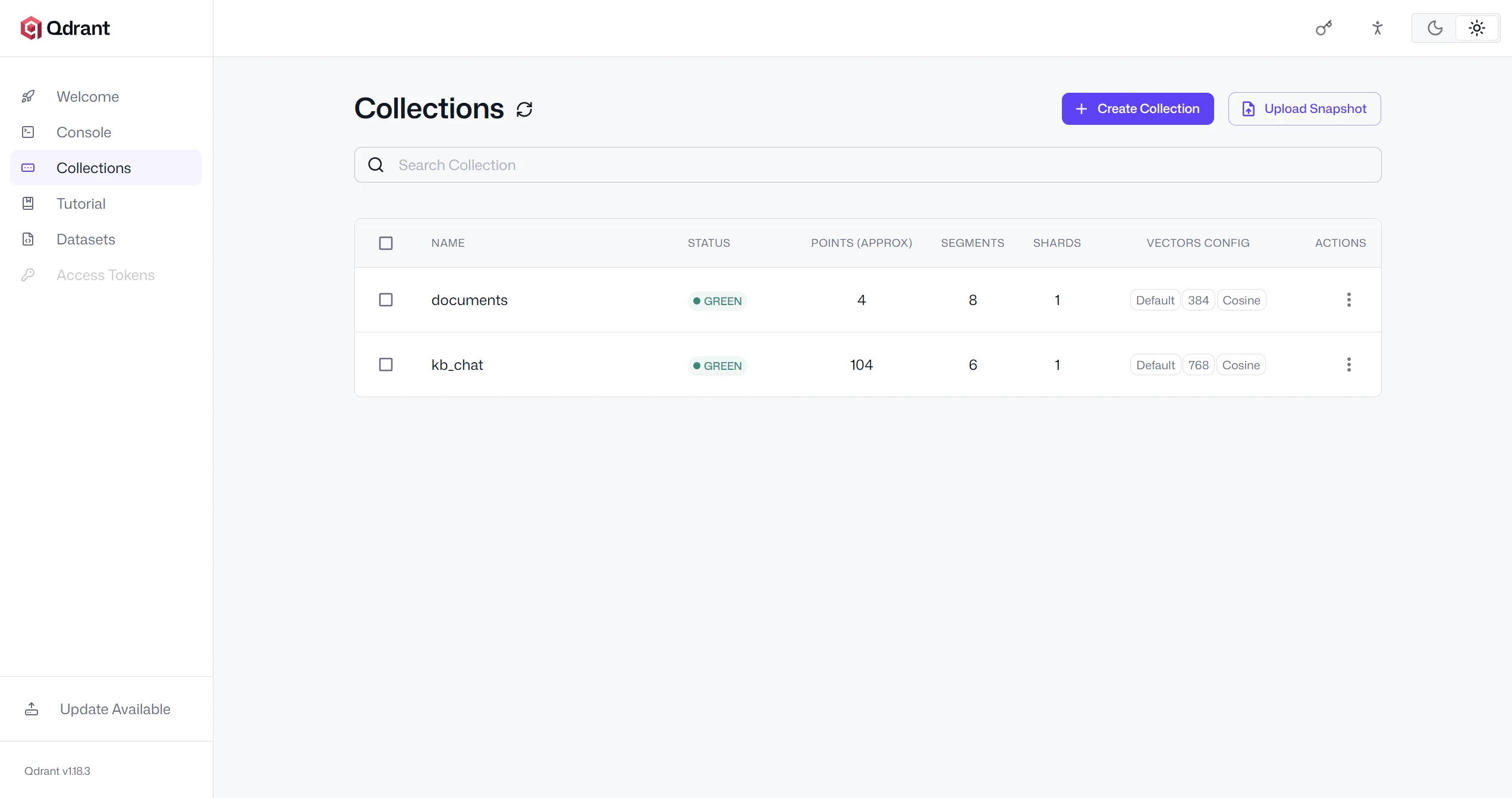 The Qdrant dashboard Collections page listing the kb_chat collection: status green, 104 points, 768-dimension vectors, cosine distance
