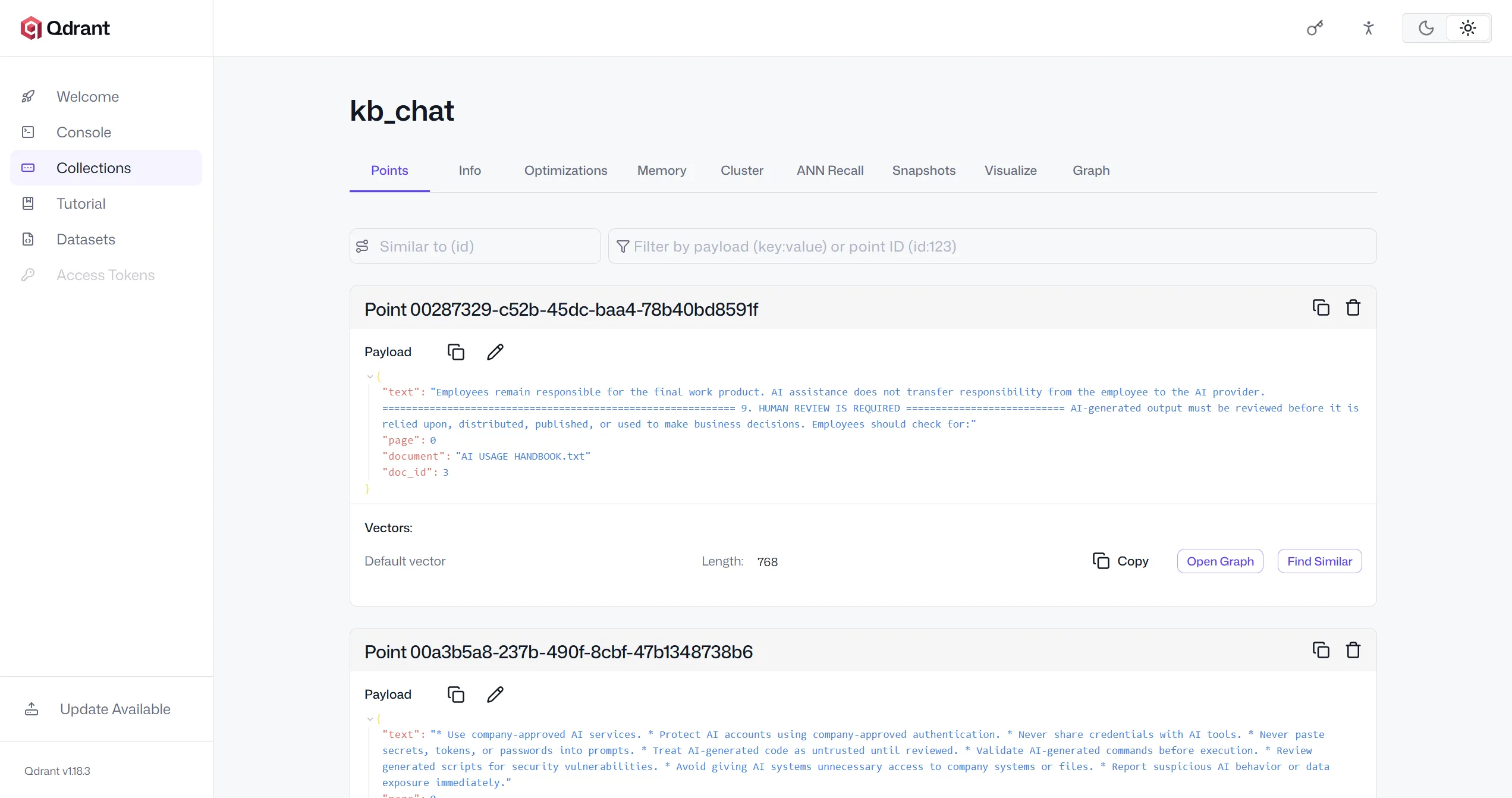 A point in the kb_chat collection: its payload holds the chunk text, page 0, document AI USAGE HANDBOOK.txt and doc_id 3, with a 768-length default vector