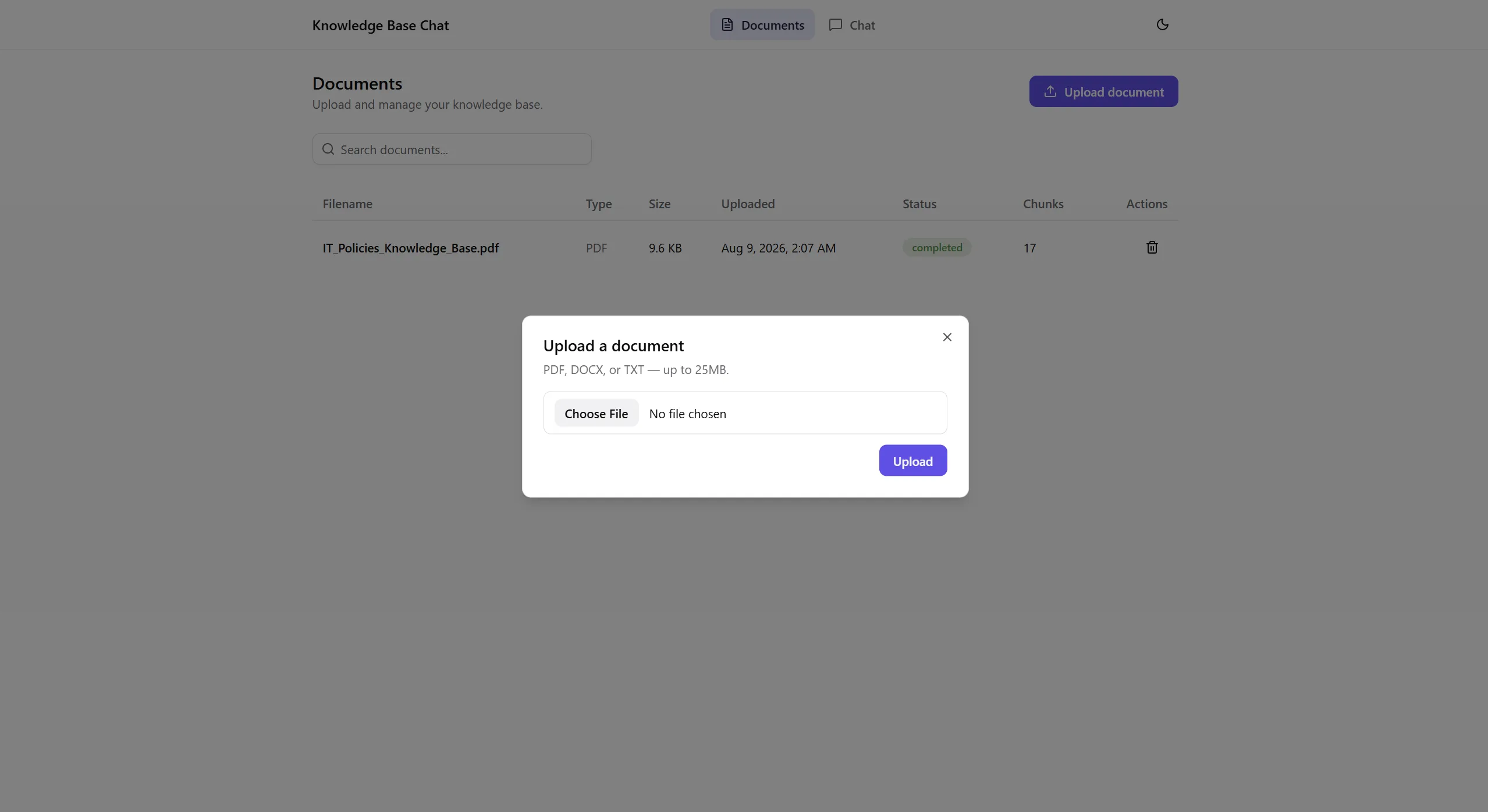 The Documents page with the Upload a document dialog open: PDF, DOCX, or TXT, up to 25MB, a file picker and an Upload button